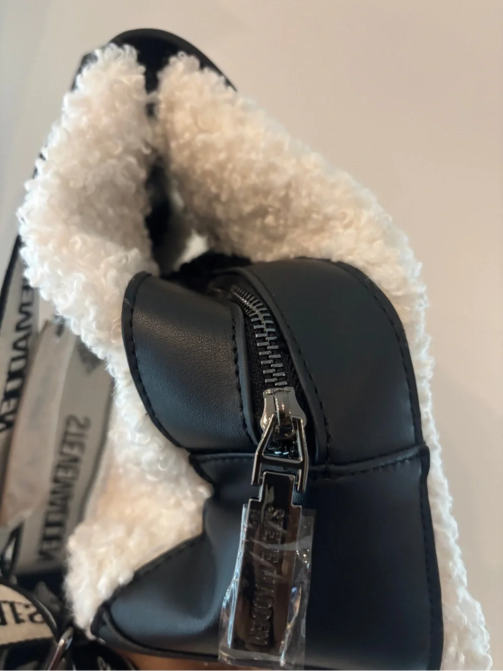 NWT Steve Madden Black/Cream Faux-Shearling Backpack BMAKENNA Retail $98